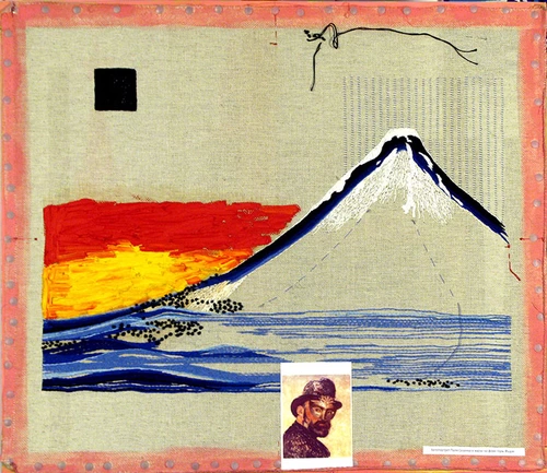 Self-portrait of Edouard Manet wearing a mask with Mount Fuji in the background. 2016