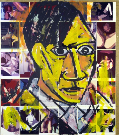 Self-portrait of Pablo Picasso against the backdrop of girls from Avignon Street in Barcelona. 2013